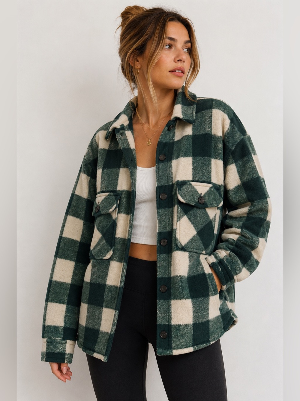 TNA Green and Cream Buffalo Plaid Button-Down Quilted Shacket Sz 2 Cottagecore